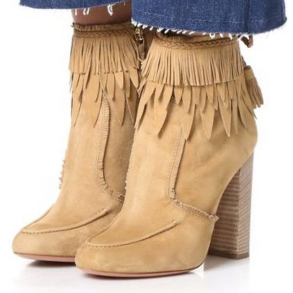 Aquazzura Beige Suede Ankle Booties / Boots - With Fringe - Size 8